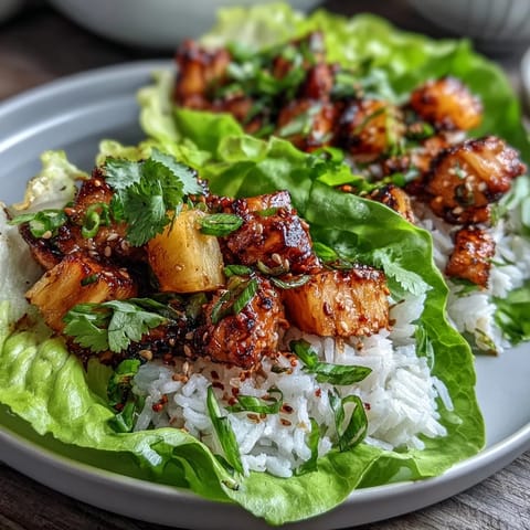 Fresh lettuce wraps filled with savory pineapple chicken and fluffy rice, garnished with sesame seeds and lime wedges.