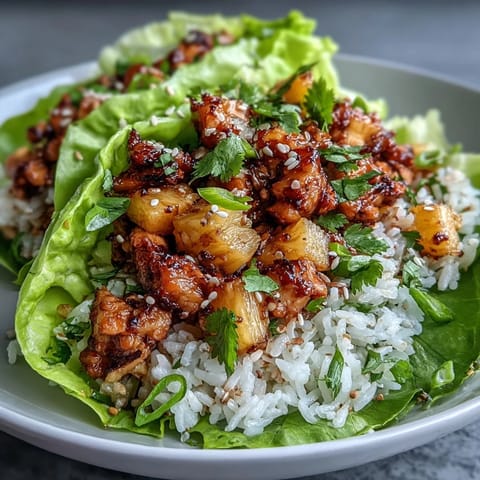 Tropical pineapple chicken and rice nestled in crisp lettuce leaves, offering a refreshing and flavorful dinner option.