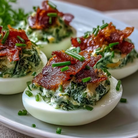 Vibrant green spinach deviled eggs with crispy ham topping, a playful twist on classic appetizers.