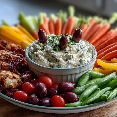 A colorful Chicken Run Veggie Tray with fresh vegetables and creamy ranch hummus dip, perfect for kids and parties.