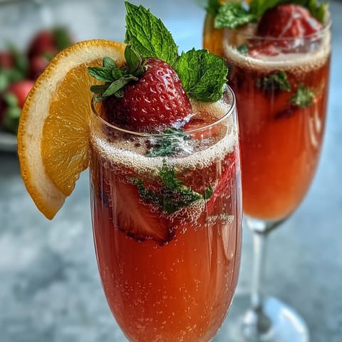 Vibrant Mother's Day brunch strawberry mimosa mocktails in champagne flutes with fresh strawberry and orange garnish.  