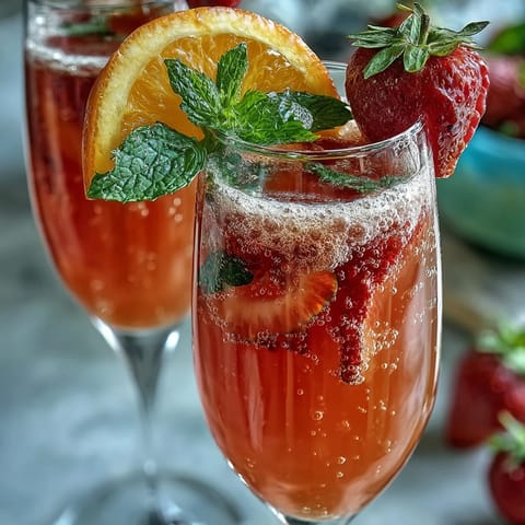 Refreshing alcohol-free strawberry mimosa mocktails made with fresh fruit purée and sparkling citrus, perfect for festive brunch gatherings.  