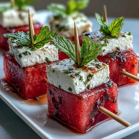 Watermelon Feta Skewers with Mint: Colorful summer appetizer with juicy watermelon, creamy feta, and fresh mint on wooden skewers.