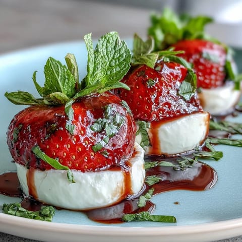 Strawberry Caprese skewers with balsamic drizzle on a white platter, featuring bright red strawberries, creamy mozzarella balls, and fresh green basil leaves, drizzled with glossy balsamic reduction.  