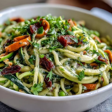 Healthy Easy Zucchini Noodle Stir-Fry with Peanut Sauce served in a white bowl, garnished with chopped peanuts and fresh cilantro.