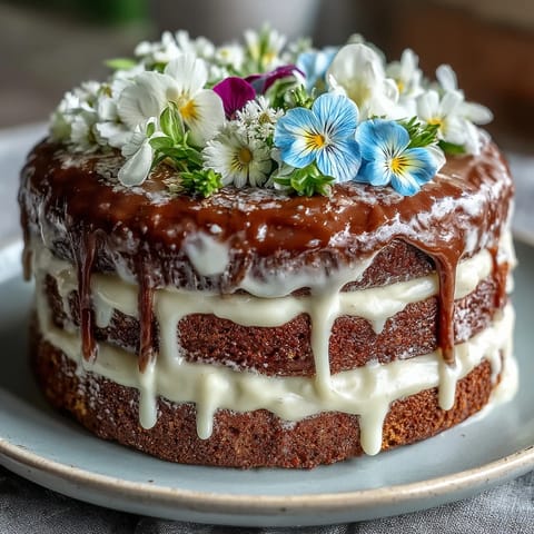 Elegant vanilla layer cake topped with zesty lemon frosting, vibrant edible flowers, and a pastel white chocolate drip.