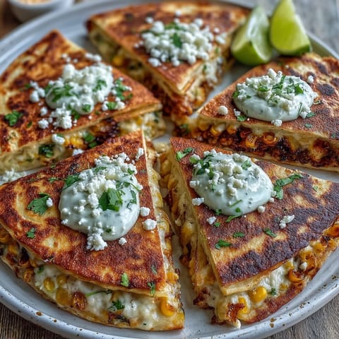 Crispy Cinco de Mayo Street Corn Quesadillas with smoky chipotle crema, melty Monterey Jack cheese, and roasted corn for a festive vegetarian meal.  