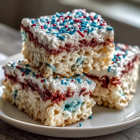 Vibrant red, white, and blue Rice Krispies treats with festive layers and sprinkles for a patriotic dessert.  