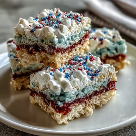 Chewy, colorful Rice Krispies squares in red, white, and blue—perfect for 4th of July celebrations.  