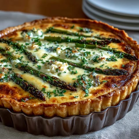 Easy Mother's Day Brunch Quiche with Asparagus and Brie, featuring tender green asparagus and creamy melted cheese in a golden crust.