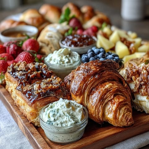 A beautiful Mothers Day brunch board with assorted pastries, fresh fruit, and mimosas for a festive celebration.