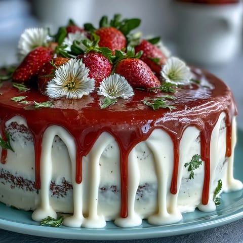 Vibrant spring cake with floral drip, fresh strawberry frosting, and edible flowers for a stunning celebration dessert.