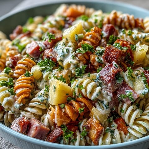 Creamy ranch-dressed Hawaiian pasta salad featuring diced ham, sweet pineapple, and fresh vegetables.  