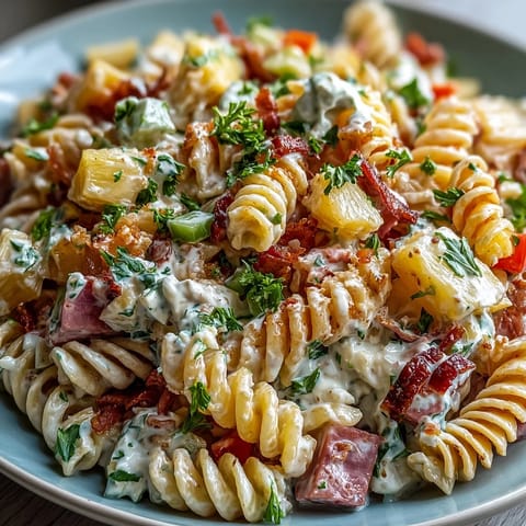 Colorful Hawaiian pasta salad with ham, pineapple, and ranch dressing, perfect for summer picnics.  