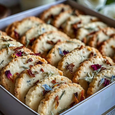 Delicate buttery shortbread cookies topped with pressed edible flowers and a sprinkle of sugar, perfect for a Mothers Day treat.