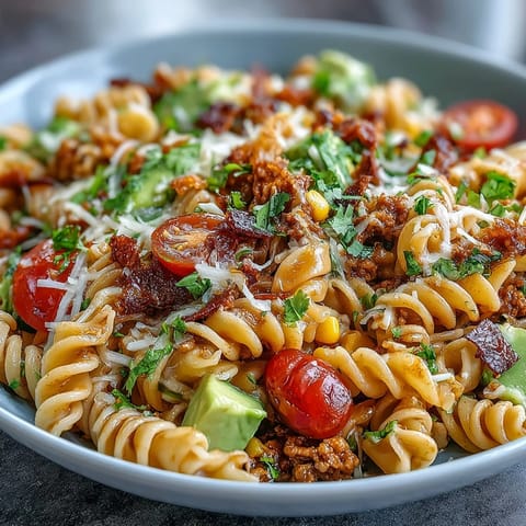 Vibrant Easy Taco Pasta Salad with colorful vegetables, creamy dressing, and crunchy tortilla chips, perfect for summer potlucks.