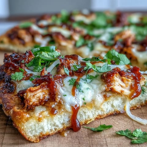 Smoky BBQ chicken flatbread pizza with melted mozzarella, red onion, and bell pepper, perfect for summer gatherings or quick dinners.