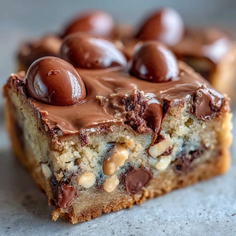 A pan of peanut butter Easter egg cookie bars, golden and gooey, loaded with colorful candy eggs and chocolate chips.
