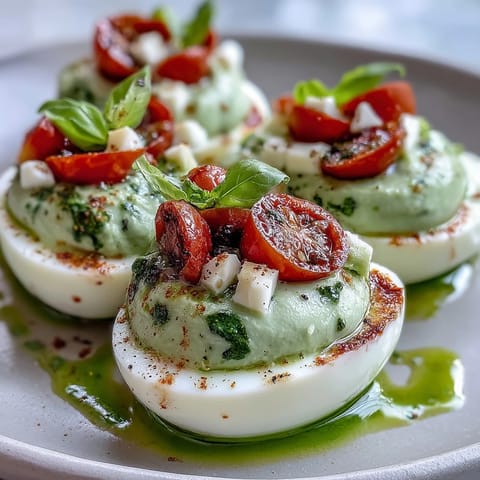 Creamy Caprese deviled eggs topped with fresh basil oil, cherry tomatoes, and mozzarella.