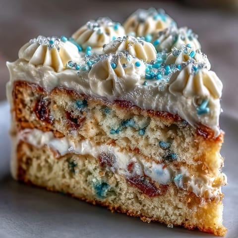 Vibrant confetti cake with rainbow sprinkles and champagne frosting, perfect for graduation parties.  