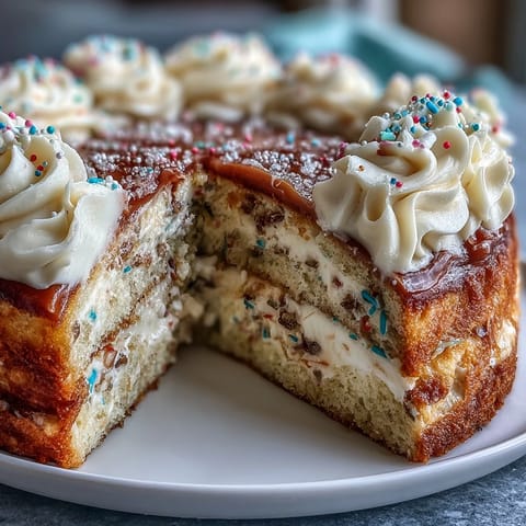 Luxurious layer cake with colorful sprinkles and silky champagne buttercream, ideal for festive celebrations.  