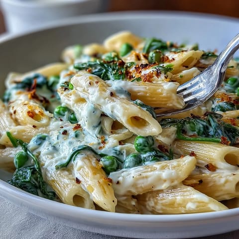 Vibrant one-pot lemon ricotta pasta with peas and spinach, creamy and bright with zesty lemon and fresh greens.
