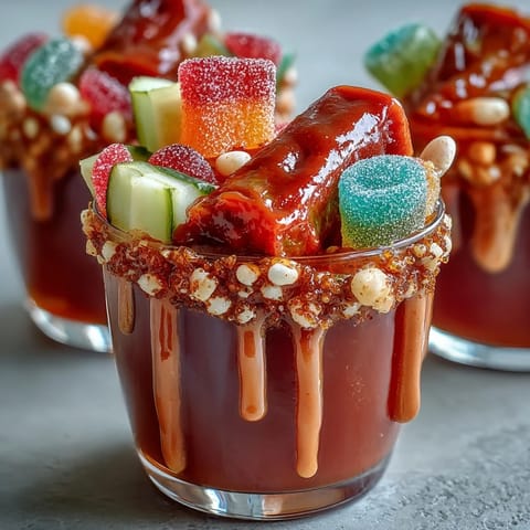 A vibrant chamoy pickle cup with tangy dill wrapped in fruit roll-up and topped with Tajín and chamoy sauce.