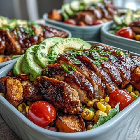 Delicious BBQ chicken meal prep bowls, perfect for quick healthy lunches.