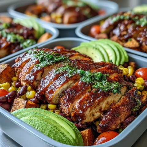 Savory BBQ chicken meal prep bowls with vibrant colorful sides.