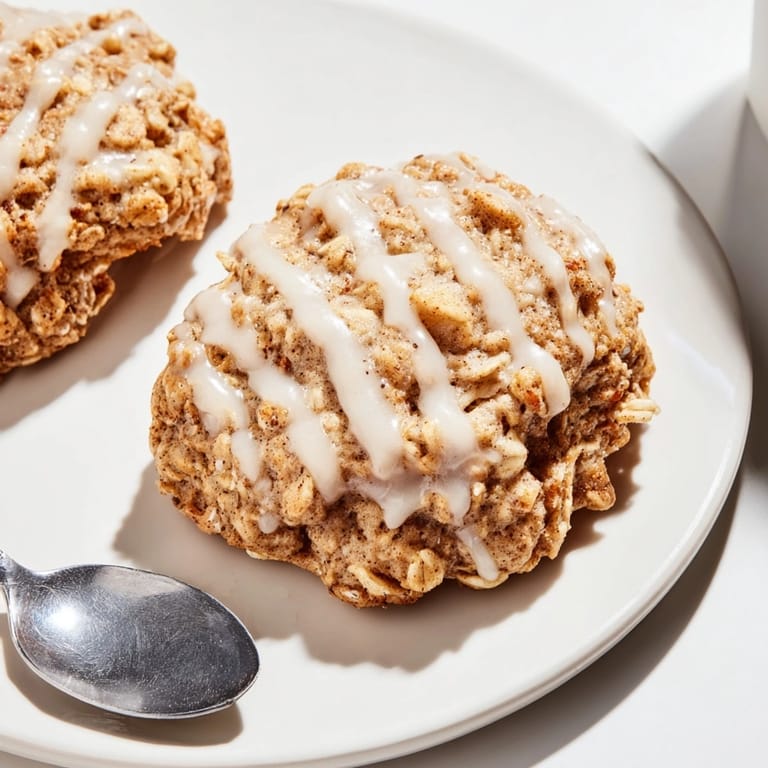 Stack of homemade Iced Oatmeal Cookies showing texture and crumb, perfect with coffee.