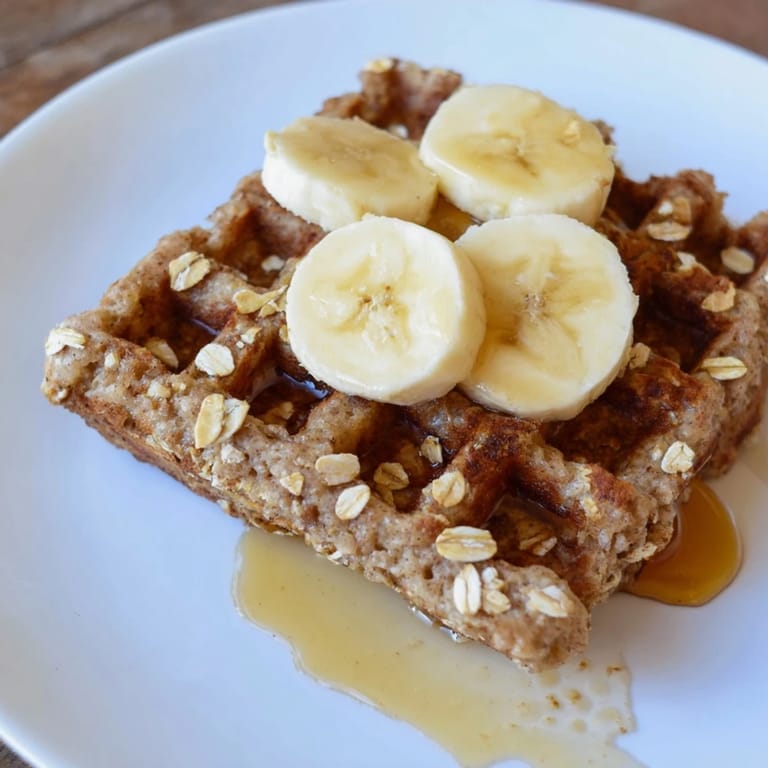 Enjoy a stack of warm, inviting banana oat waffles, served with fresh berries and maple syrup.