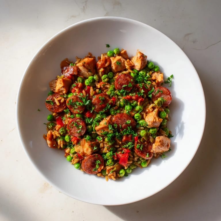 Close-up of the finished Chicken and Chorizo Rice Skillet, garnished with fresh parsley and lemon wedges.
