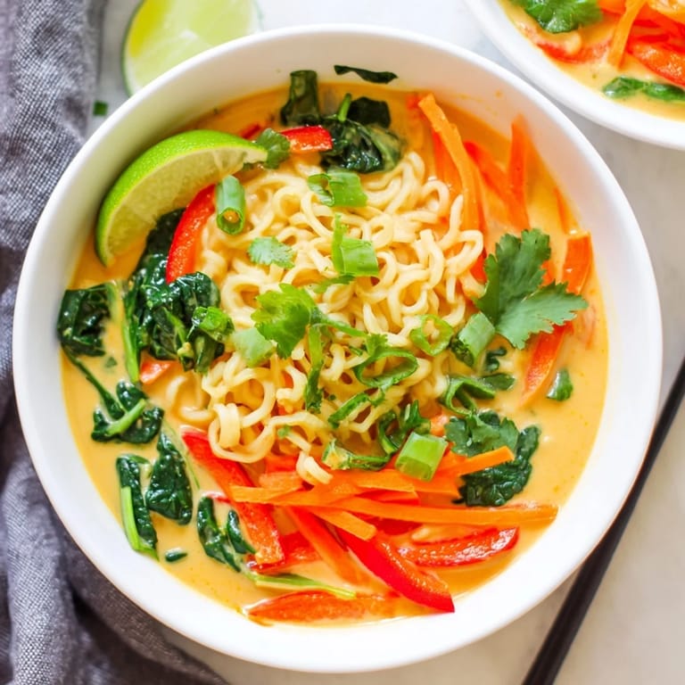 Steaming hot Creamy Coconut Curry Ramen with bright red peppers; a comforting, vibrant noodle soup.