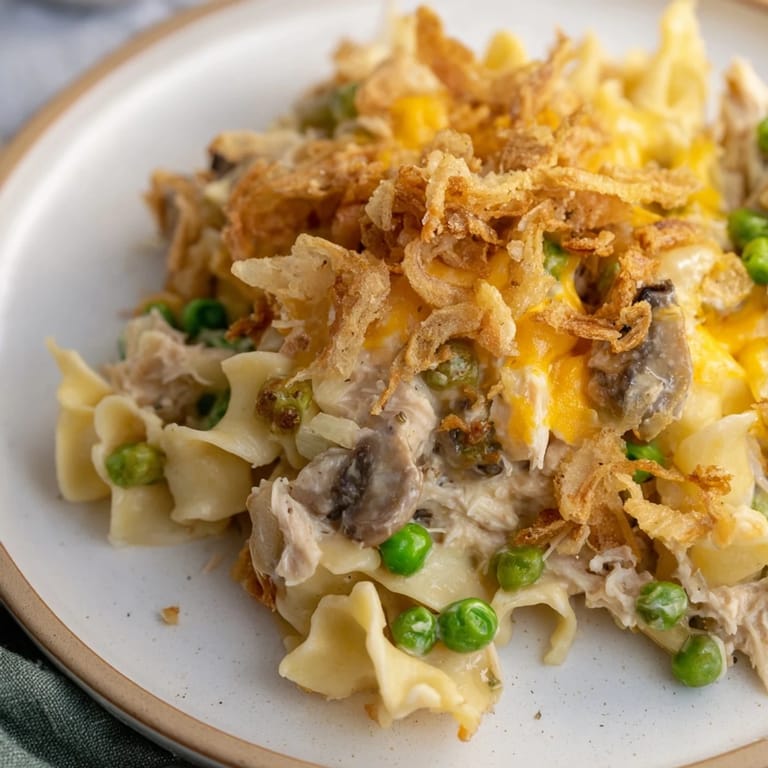 Close-up of a warm, comforting baked Tuna Noodle Casserole with melted cheese and tender noodles.