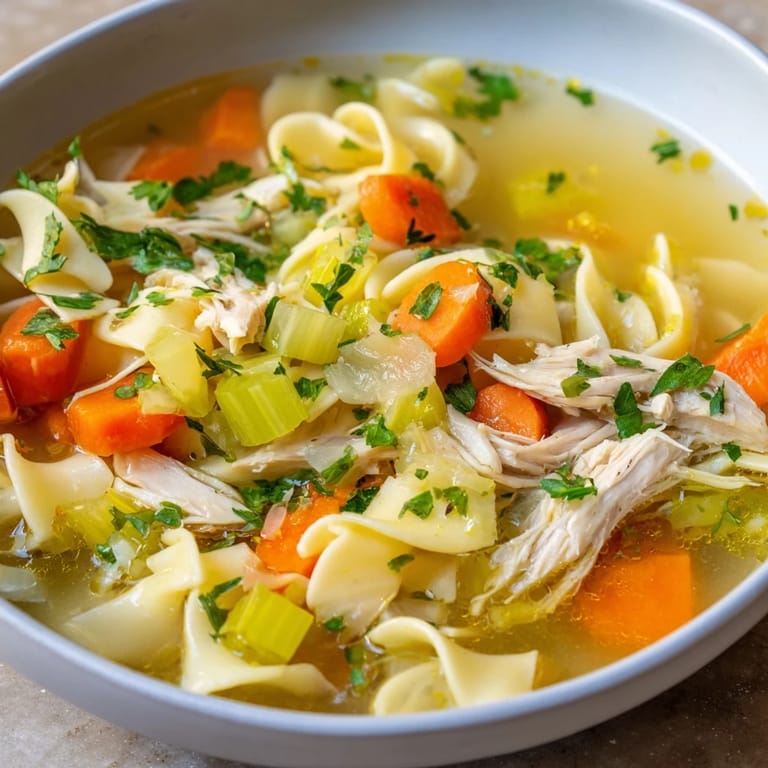 Enjoy a warm and hearty bowl of Classic Chicken Noodle Soup, perfect for a cozy dinner.