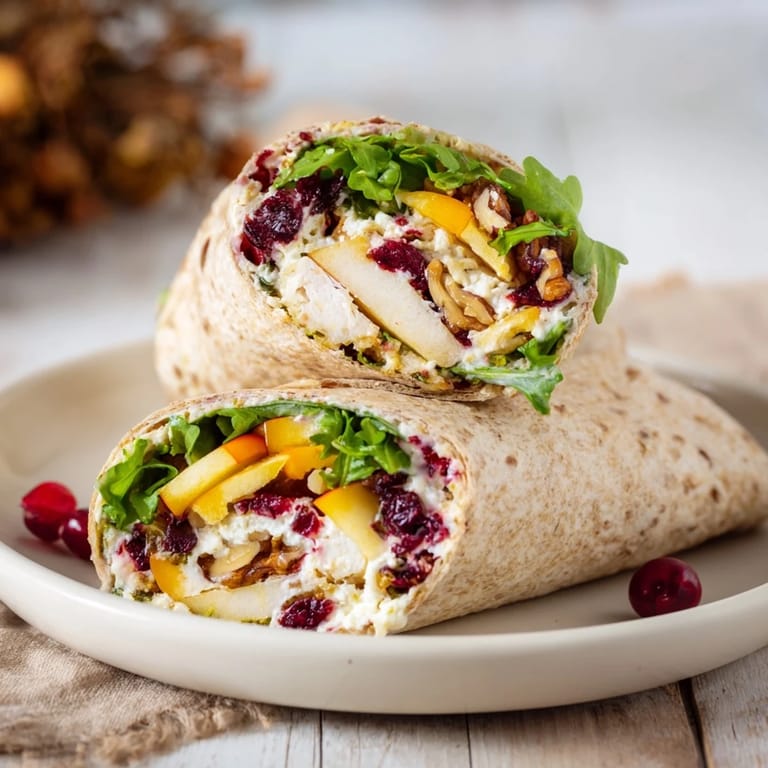 Freshly made Cranberry Goat Cheese & Walnut Wraps: a colorful mix of fruit and greens.