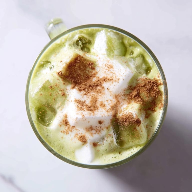 Visual display: a tall glass of Iced Cinnamon Roll Matcha with a light, dreamy protein foam on top.
