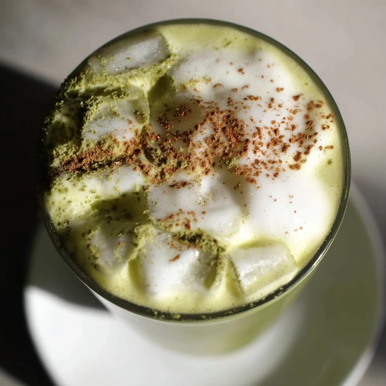 Refreshing Iced Cinnamon Roll Matcha, a green tea drink swirled with cinnamon, topped with fluffy foam.
