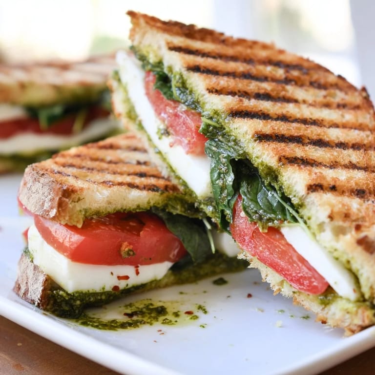 Crispy sourdough filled with Caprese Pesto Panini-Style Grilled Cheese, a delicious Italian-inspired vegetarian lunch.