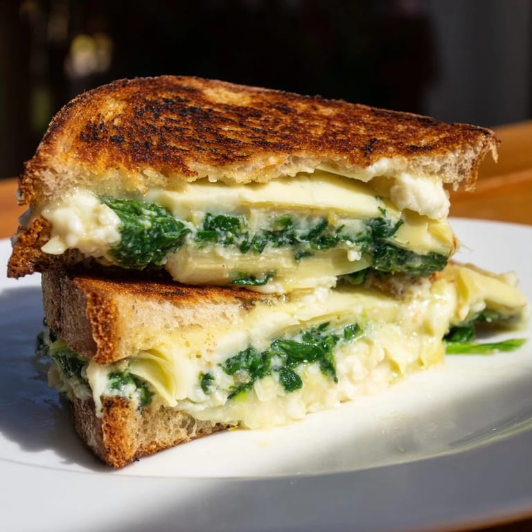 Sourdough Spinach Artichoke Dip Grilled Cheese, grilled until the bread is golden and the cheese is fully melted inside.