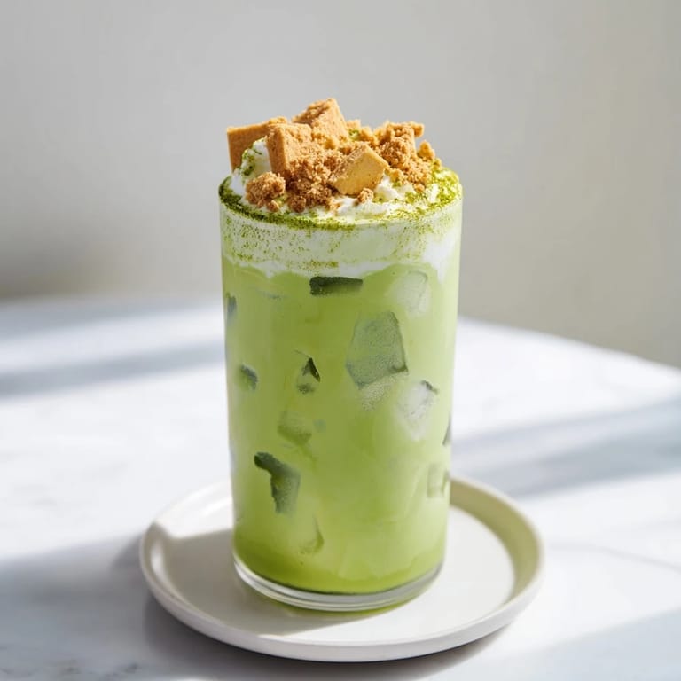 A tall glass displaying a Sugar-Free Gingerbread Cookie Matcha Frappe, swirled with matcha and spice, ready to drink.