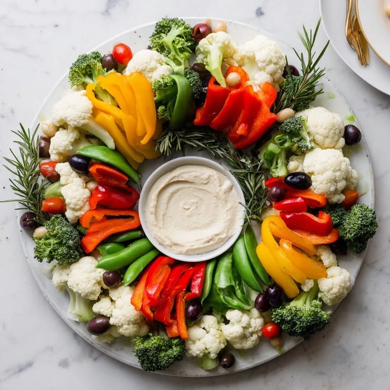 Beautifully arranged Garland Veggie Wreath with fresh parsley, perfect for a holiday party!