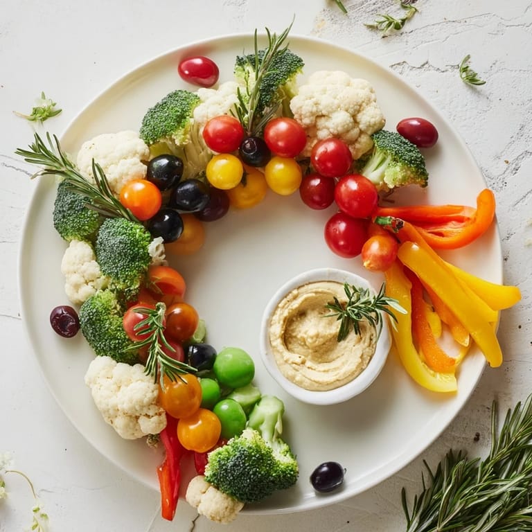 Vibrant Garland Veggie Wreath featuring broccoli, cherry tomatoes, and bell peppers, ready to be enjoyed!