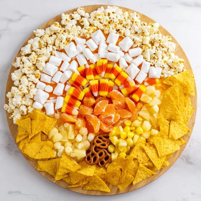 A close-up of a festive candy corn spooky board with candy, cheese cubes, plus fruit.