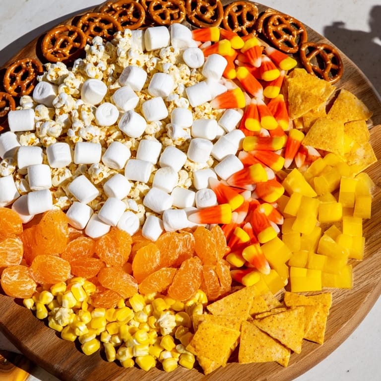 Vibrant candy corn spooky board, featuring a delicious assortment of treats for a spooky celebration.