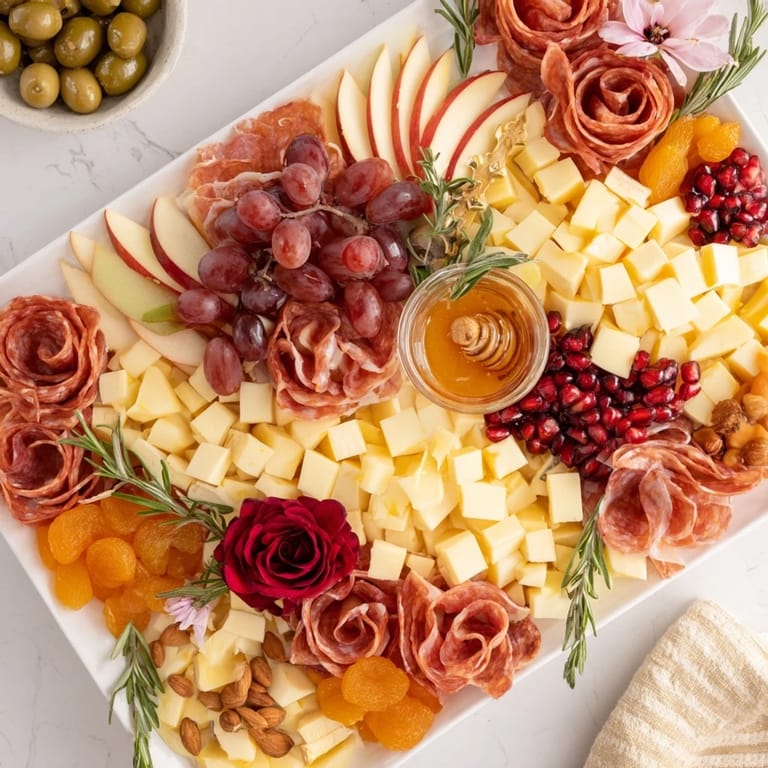 A close-up image of the Holiday Bow Appetizer Platter, overflowing with grapes, cheese, and meats, ready to serve.