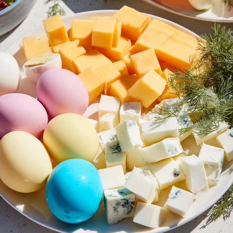 See a picturesque Easter Egg-cellent Brunch Board with sunny side-up eggs, artisan bread, and sweet fruit preserves for your guests.