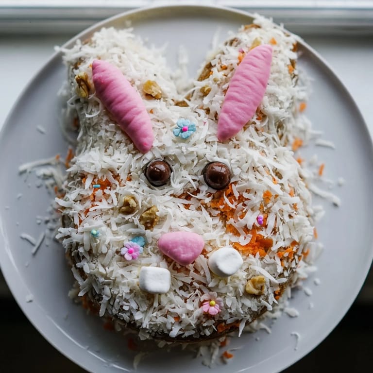 Close-up of a whimsical Spring Bunny Carrot Cake, showcasing a delicious dessert creation.