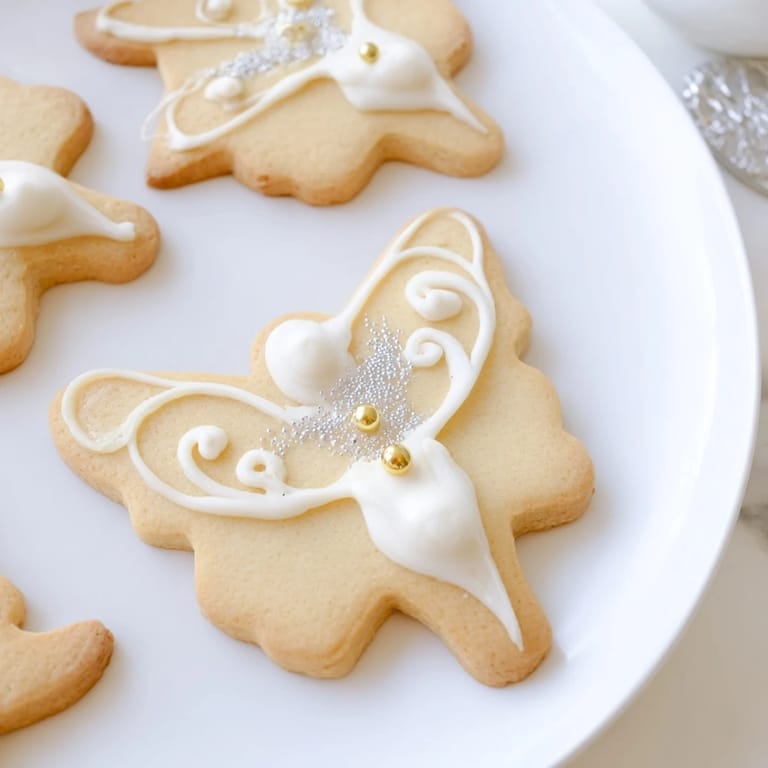 Buttery Biscuits Anges de Noël, lightly glazed and sprinkled, perfect for a festive holiday treat.