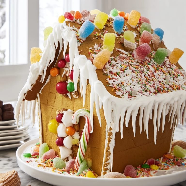 Homemade gingerbread house glistening with colorful candy decorations, perfect for a holiday centerpiece and dessert.
